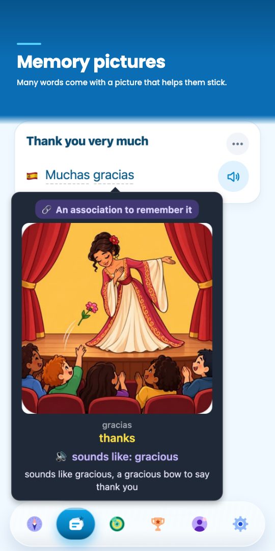 Memory pictures — tap a word to see a picture that helps you remember it