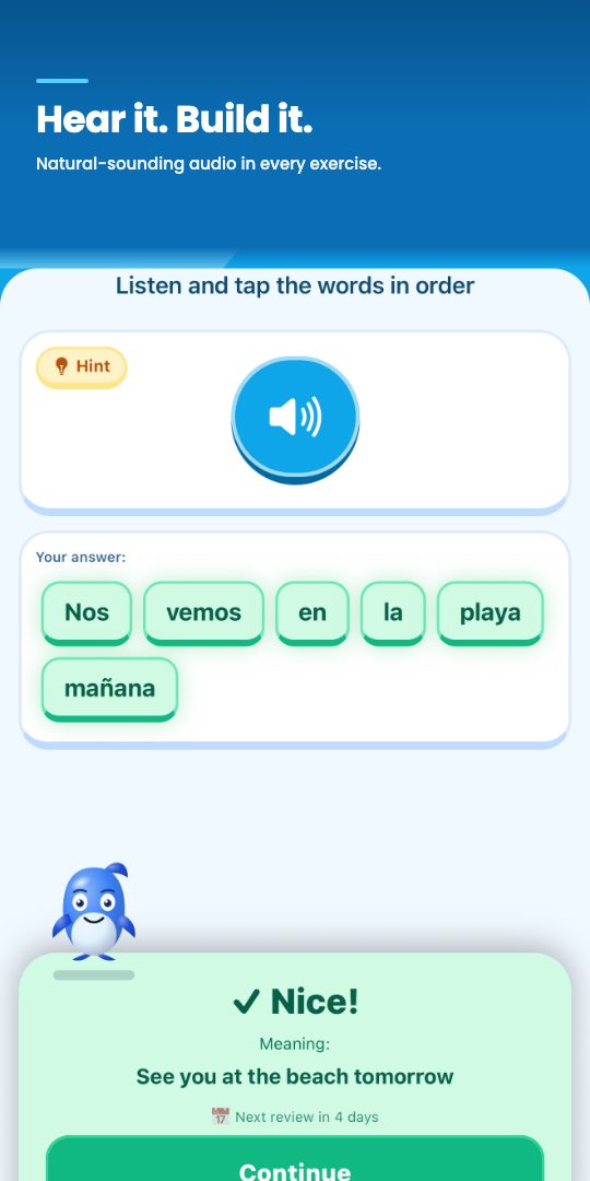 Hear it. Build it. — natural-sounding audio in every exercise