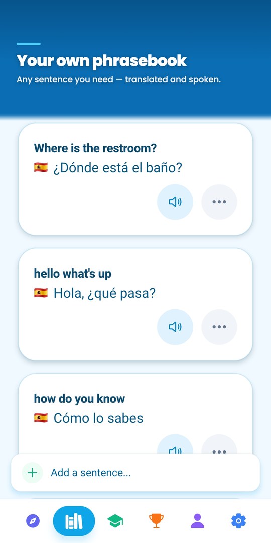 PhrasiGo phrasebook with an audio button on every sentence