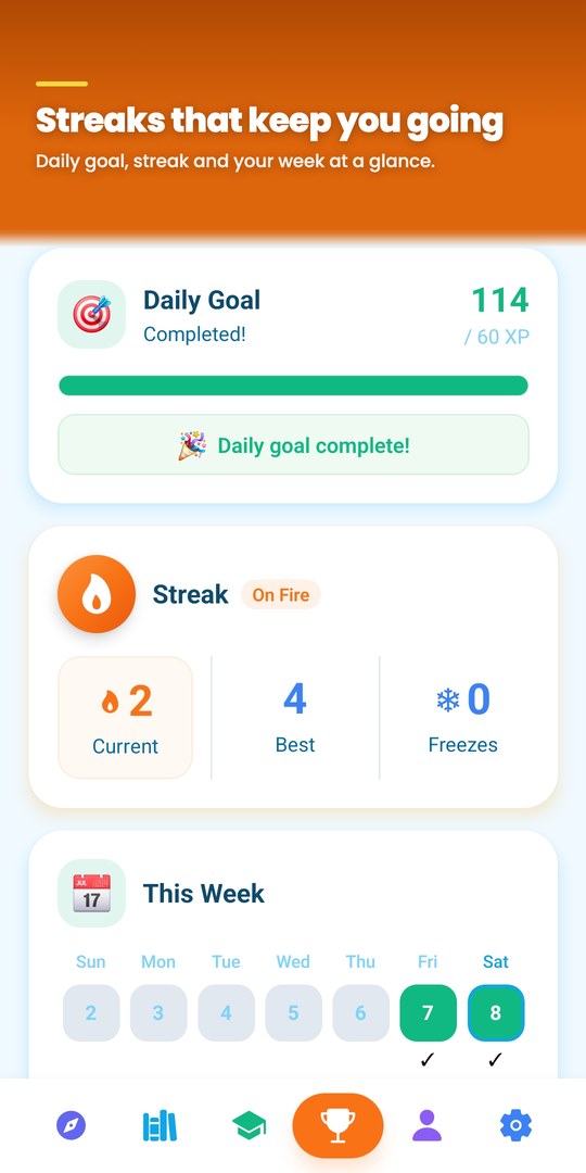 PhrasiGo progress: daily goal, streak with freezes, the week at a glance